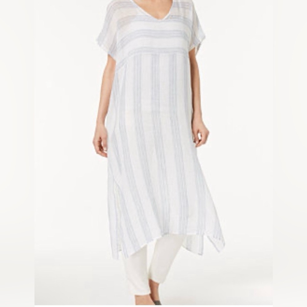 Eileen Fisher Organic Linen Blue and White Striped Caftan Tag sizeSP new no tags